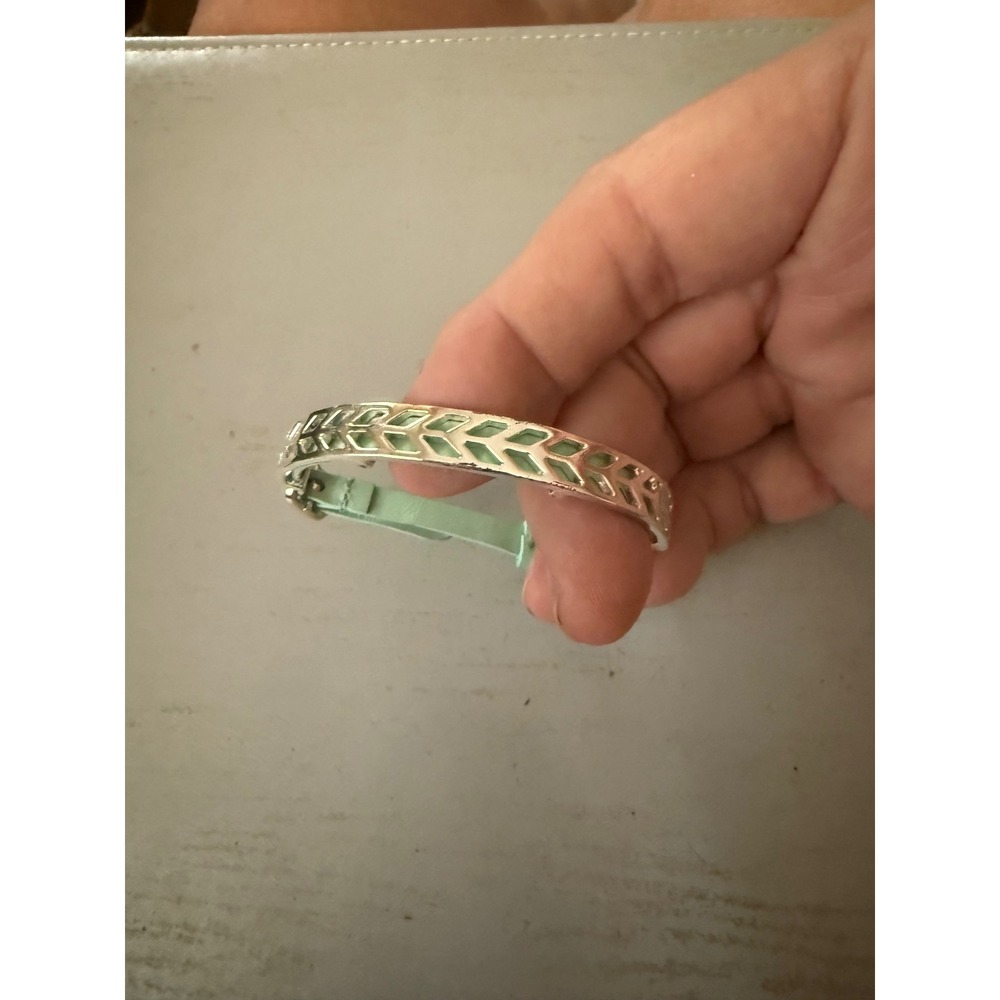 Mint Green Leather and Silver Tone Geometric Cutout Buckle Bracelet Womens